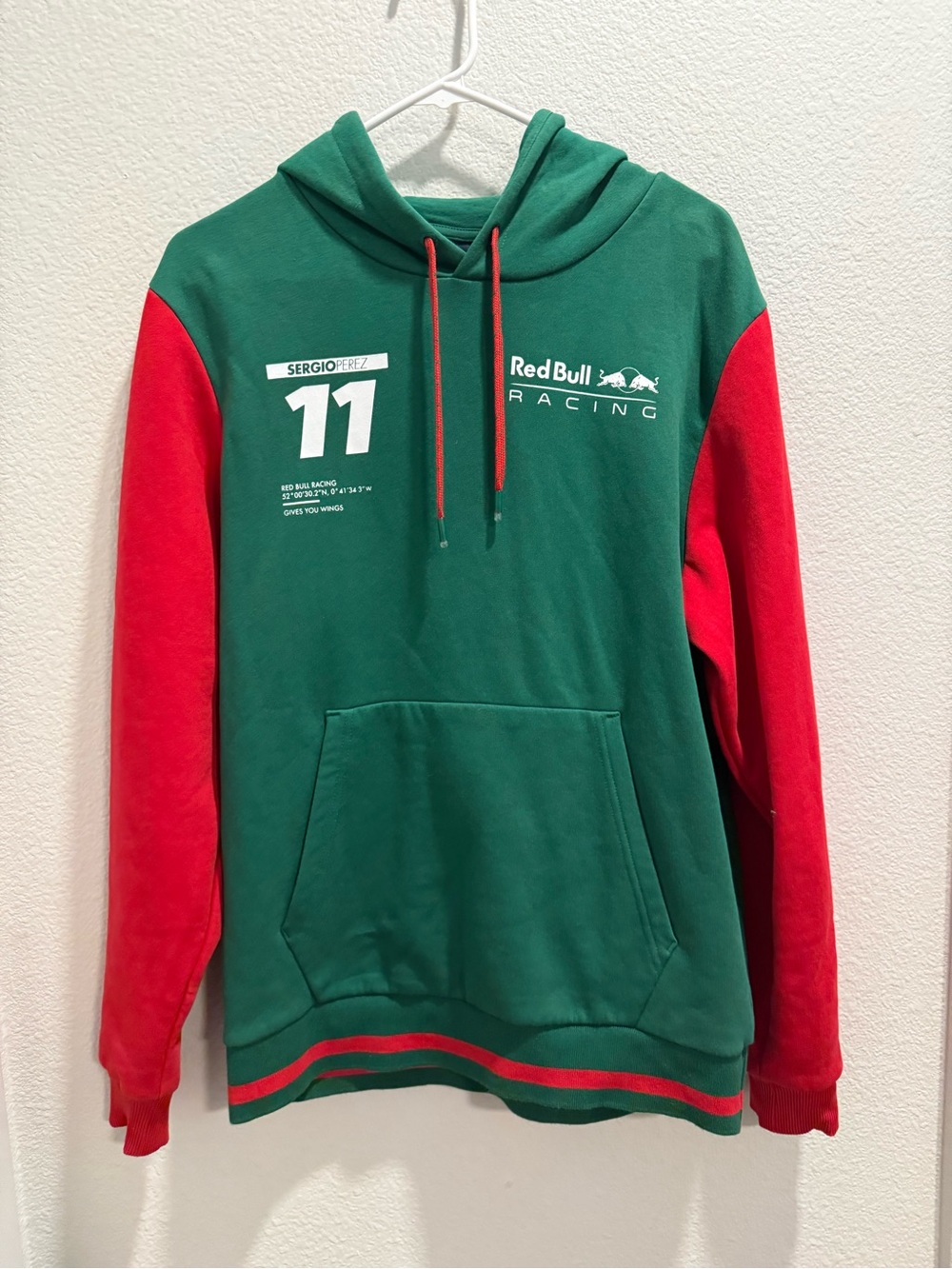 stichd Red Bull Racing Sergio Perez #11 Hoodie Green/Red/White Size M